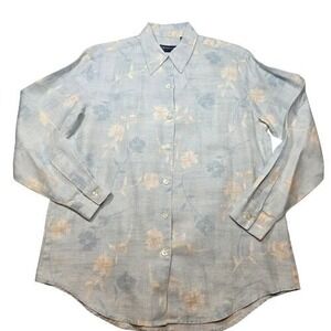 Liz Claiborne Womens S Blue Floral Irish Linen Button Down Shirt‎ Resort Grandma